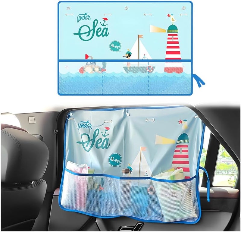 Sandfren Car Window Shade, Vehicle Sunshade Curtain with Storage Pockets & Suction Cups for Baby, Cartoon Pattern Auto Interior Heat Sun Protection Cover, Universal for SUV Sedan Trucks (Sailboat) - Image 1